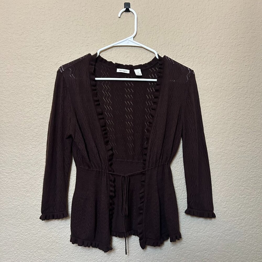 Women's Brown, Halogen, Ruffle Cardigan Sweater, Size Small